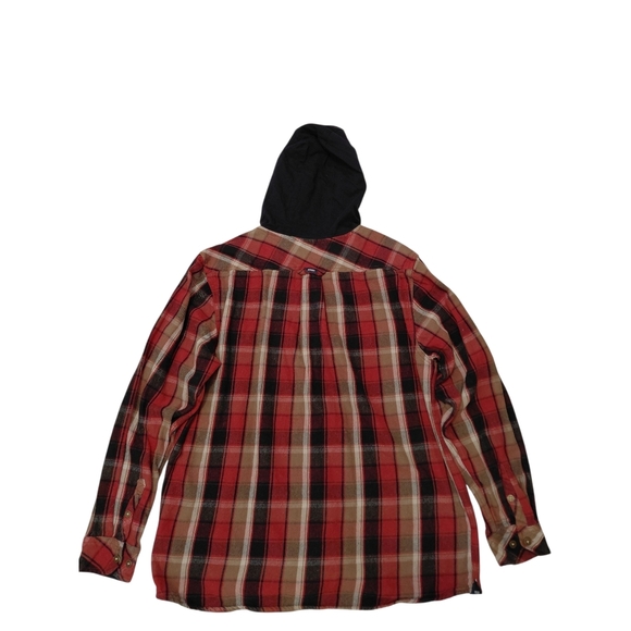 Red and Black Flannel Plaid Casual Button Down Shirt with Hood - Picture 2 of 11
